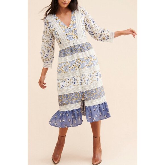 Anthropologie Roberta Midi Dress  Floral Prairie Boho Cottagecore Blue White 8 - Picture 1 of 16